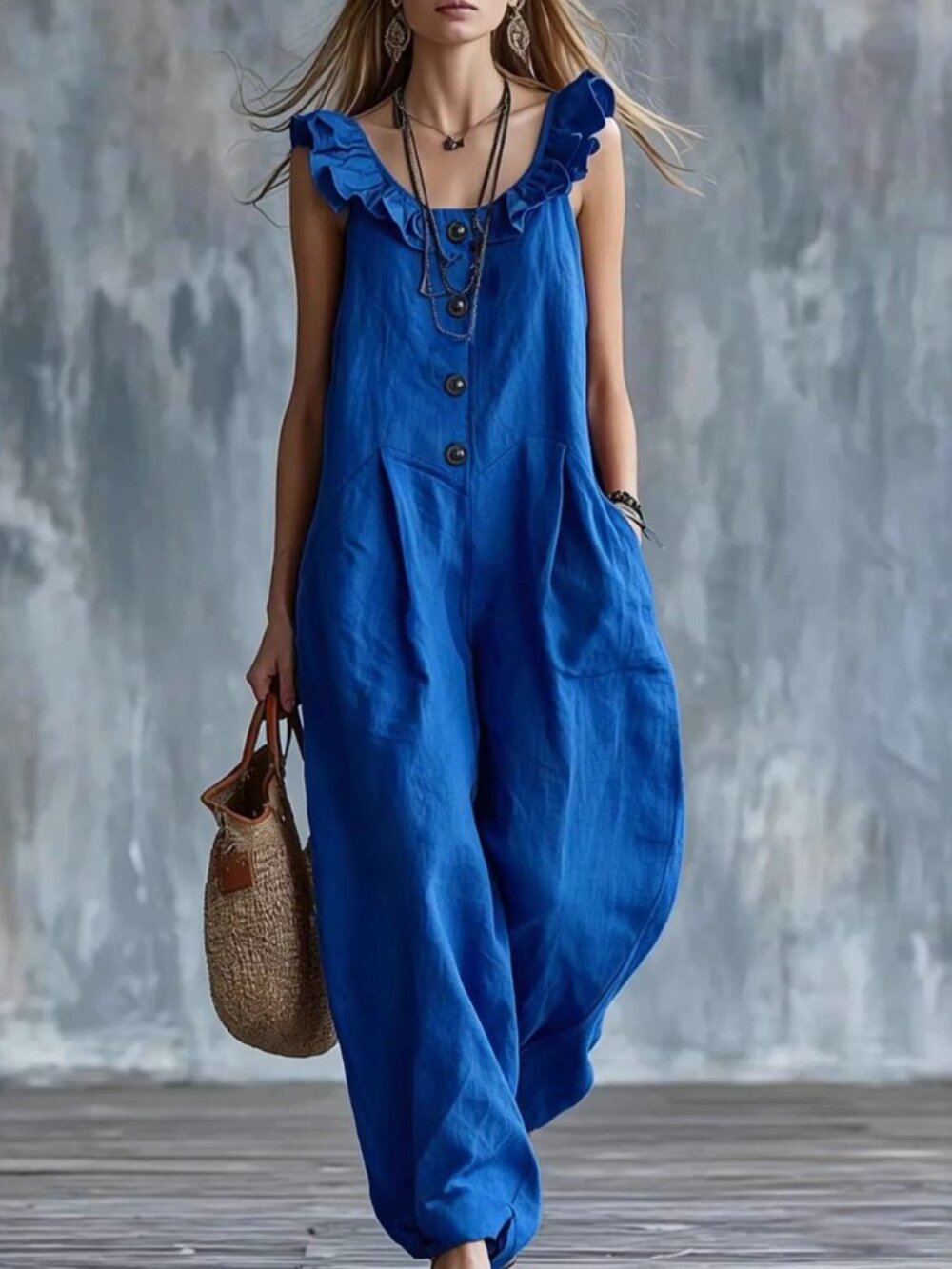 Women's Blue Sleeveless Button-Down Jumpsuit